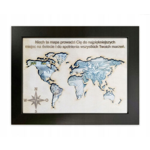 Ramka 3D na Pieniądze MAPA ŚWIATA Prezent Ślub Podróż Grawer Dedykacja